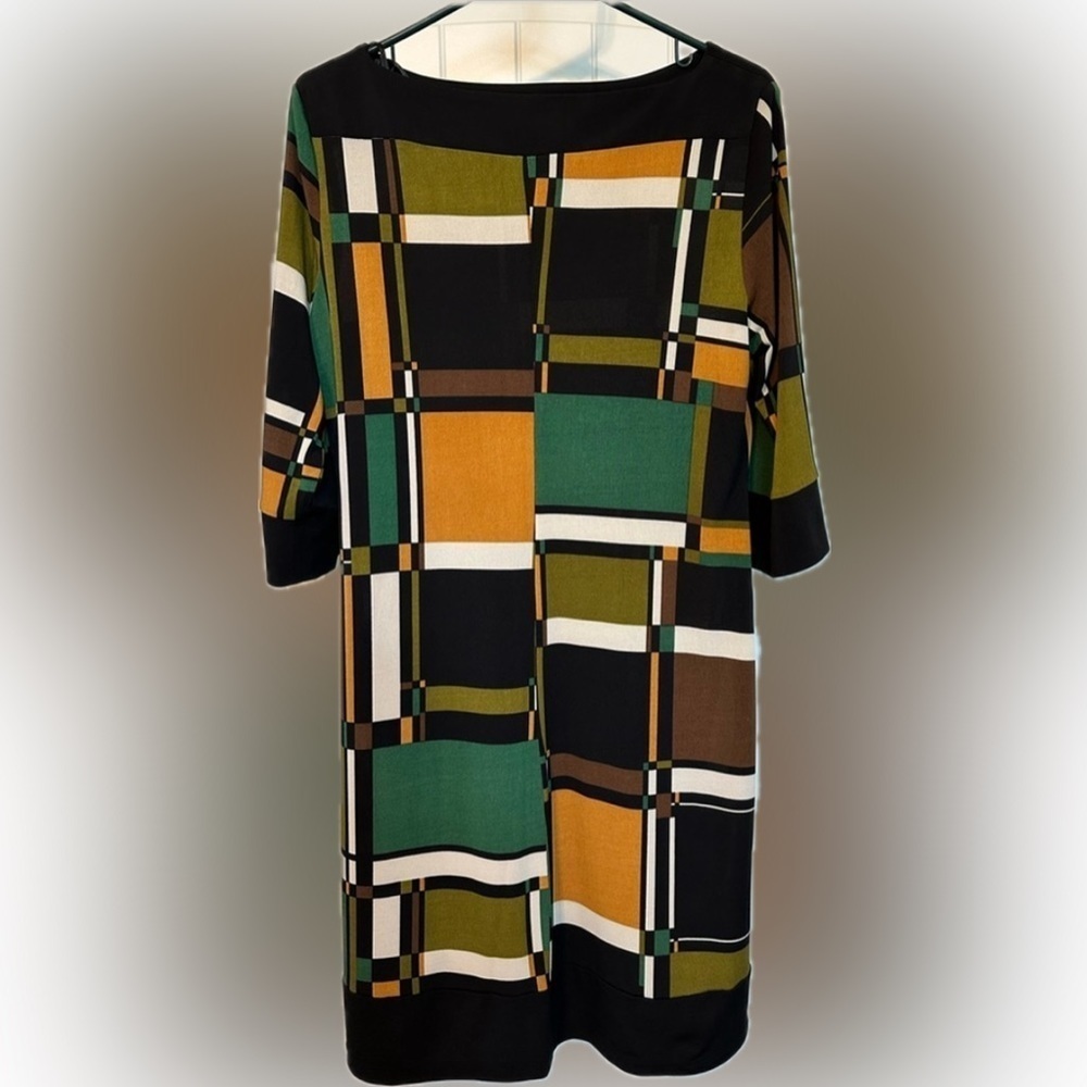 Vtg Emma & Michele Stylish Geometric Pattern Dress Sz L multiple colors 3/4 slv